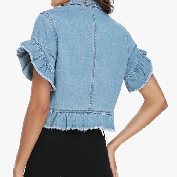 Miss Moly Women’s Denim Jacket Ruffle Sleeve Button Down Distressed Cropped NWOT - Picture 9 of 10